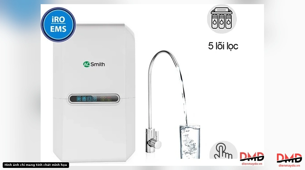 Máy lọc nước A. O. Smith AR75-A-S-1E 5 lõi - Front view with faucet, glass, and feature icons