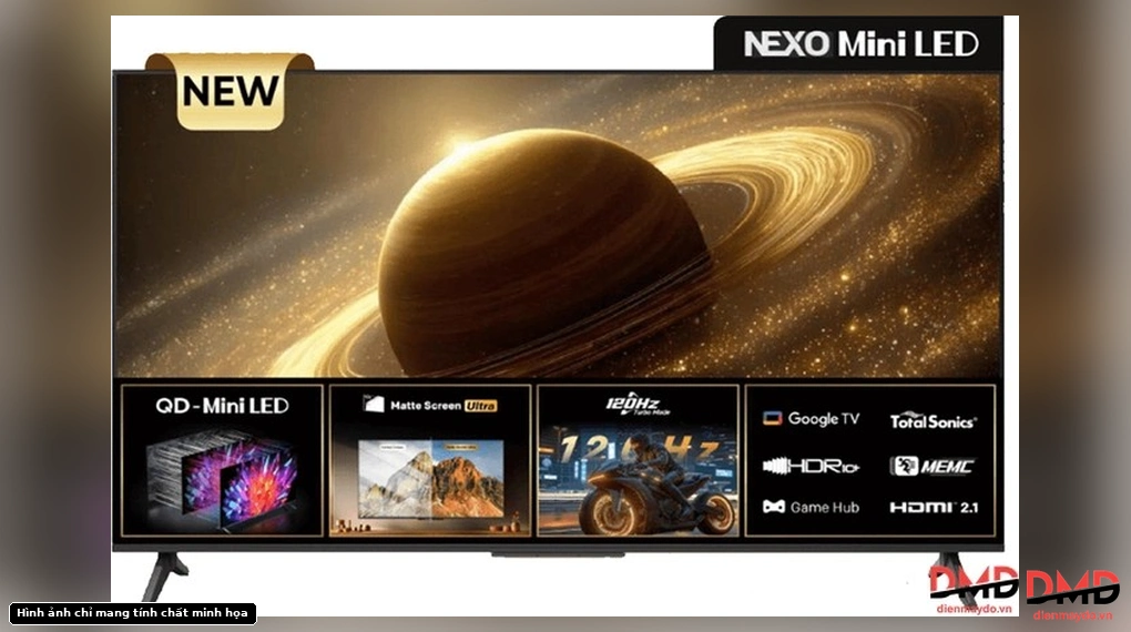 Front view of Google Tivi Coocaa 75 inch 75V75 displaying a planet and feature highlights
