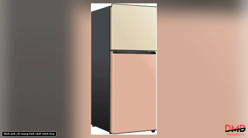 Angled view of Tủ lạnh Aqua 130 lít AQR-T160FA(GGN) showing the two-tone beige and pink doors and dark side panel