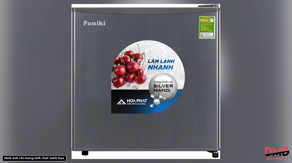 Front view of Tủ lạnh Funiki 46 lít FR-51CD closed with promotional sticker