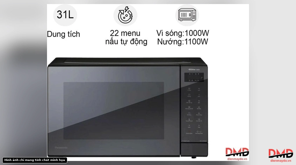 Front view of Lò vi sóng Inverter kết hợp nướng Panasonic NN-GT65QBYUE 31 lít with capacity and power specification overlays