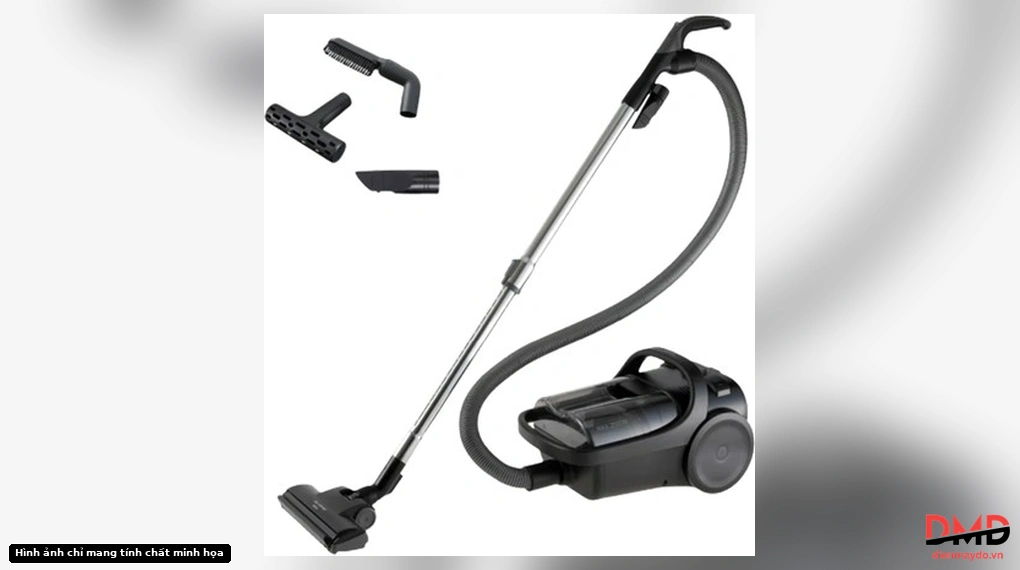 Máy hút bụi Panasonic MC-CL605KN49 full unit with hose, wand, floor nozzle, and three additional accessory nozzles floating above