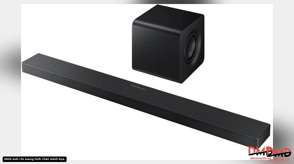 Angled view of Bộ loa thanh Samsung HW-QS700F/XV 345W and subwoofer