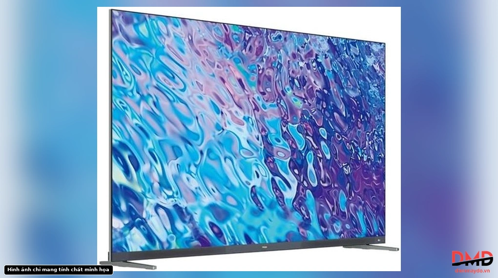Right angled view of Google Tivi Haier Mini LED 100 inch H100M96GUX displaying a blue abstract pattern