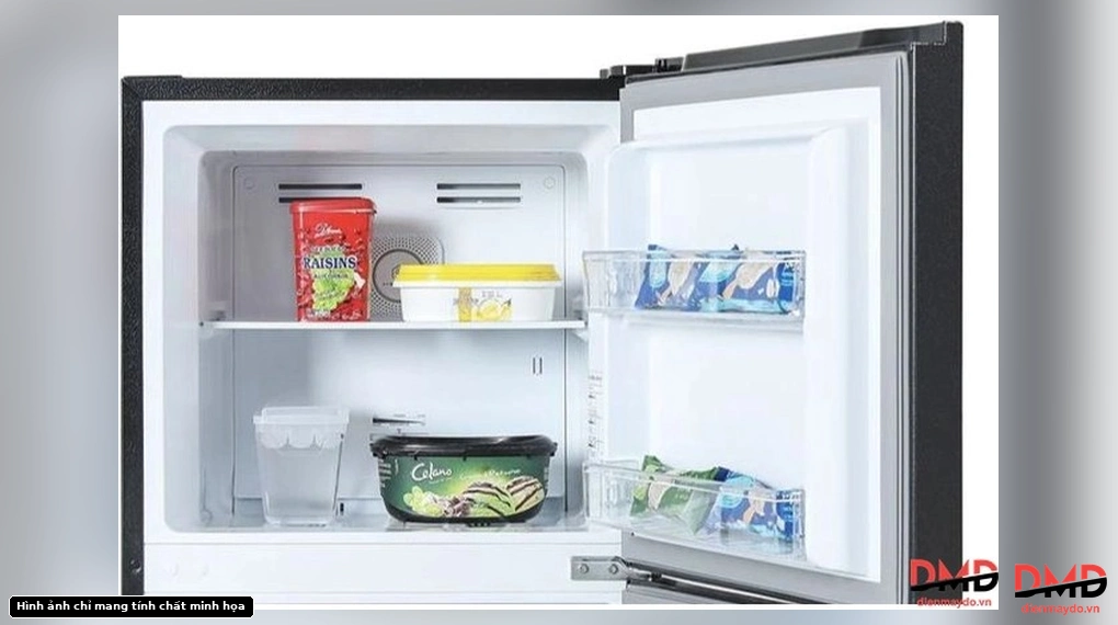 Close-up view of the freezer compartment of the Tủ lạnh Hisense Inverter 249 lít RT328N4EBND showing the shelves and door bins