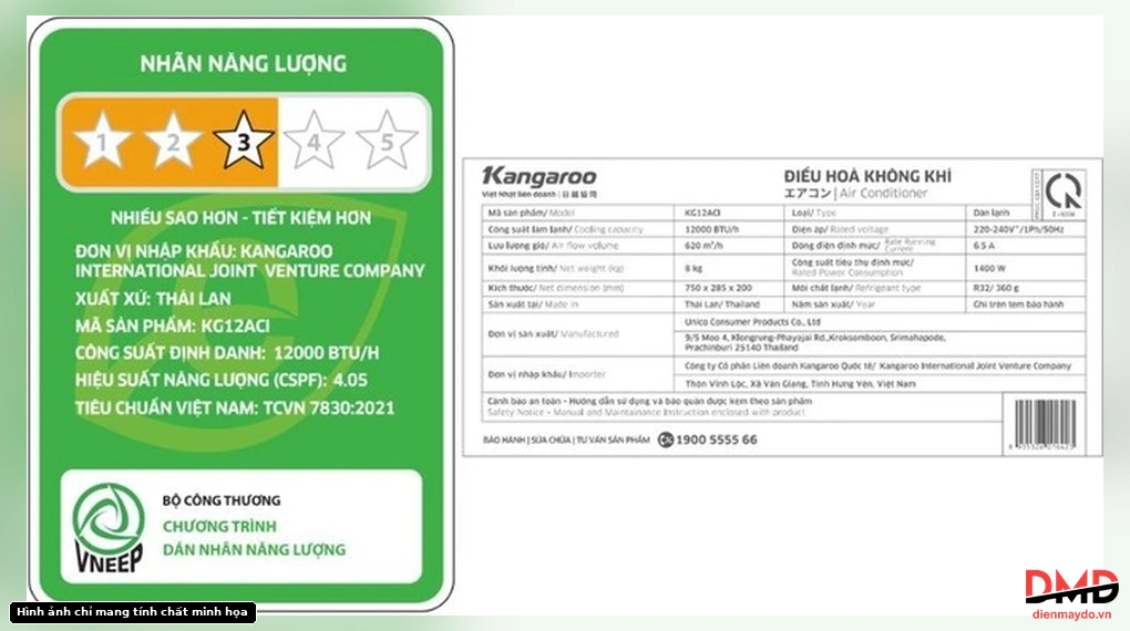 Energy label and technical specifications sticker for the Điều hòa Kangaroo Inverter 1.5 HP KG12ACI