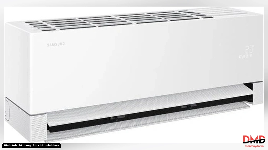 Left angled view of the Điều hòa Samsung Inverter 1 HP Wind-Free AR70H10D1BWNSV indoor unit with open louver