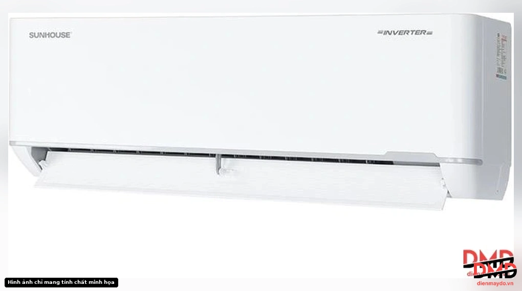 Angled front view of the indoor unit of Điều hòa Sunhouse Inverter 2 HP SHR-AW18IC650 with open louver