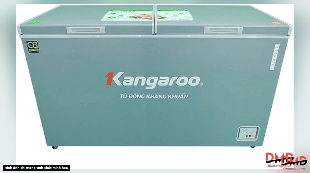 Angled front and top view of Tủ đông Kangaroo 415 lít KG415G2D showing lids and stickers