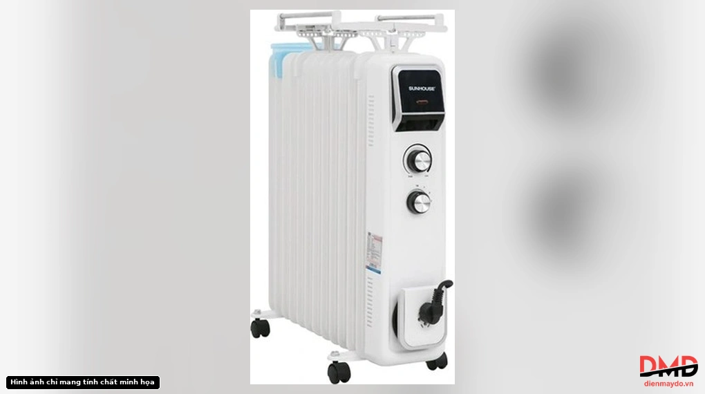 Right angled view of Máy sưởi dầu Sunhouse SHD7084 displaying the heating fins, control panel, and top drying rack