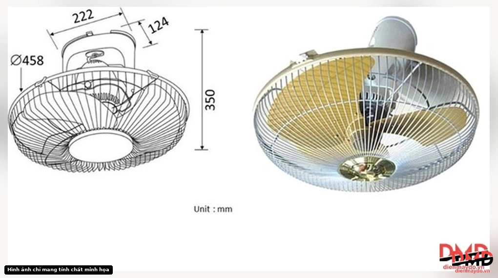 Quạt trần đảo Panasonic 3 cánh F-409QGO 45W - Technical dimensions and angled view
