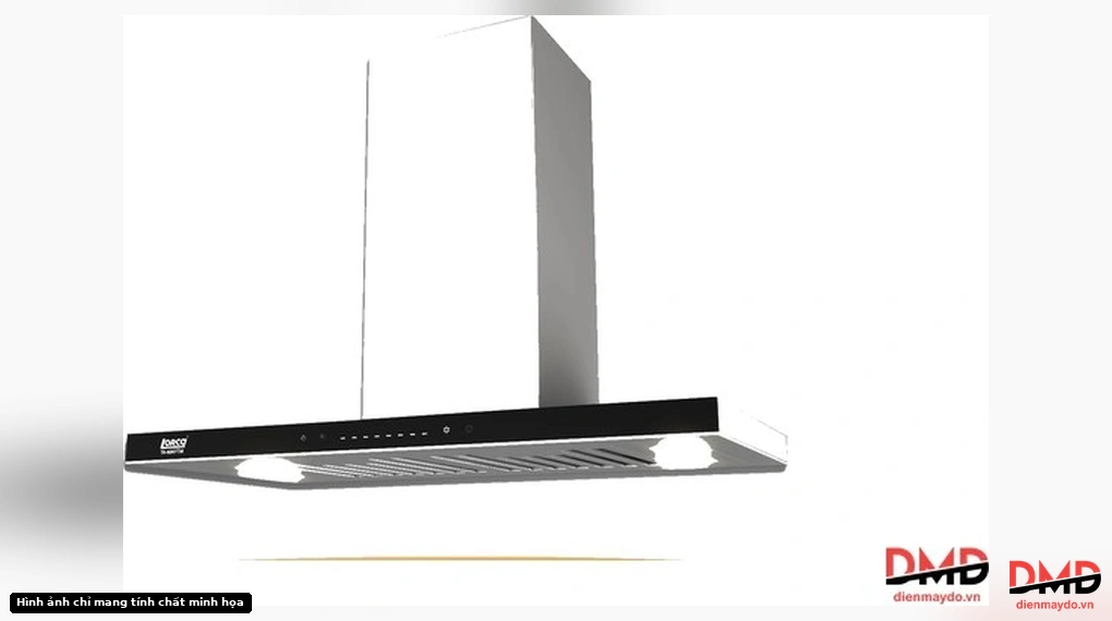 Front-left angled view of Máy hút mùi treo tường 90cm Lorca TA 6007TM-90 showing the chimney and main body
