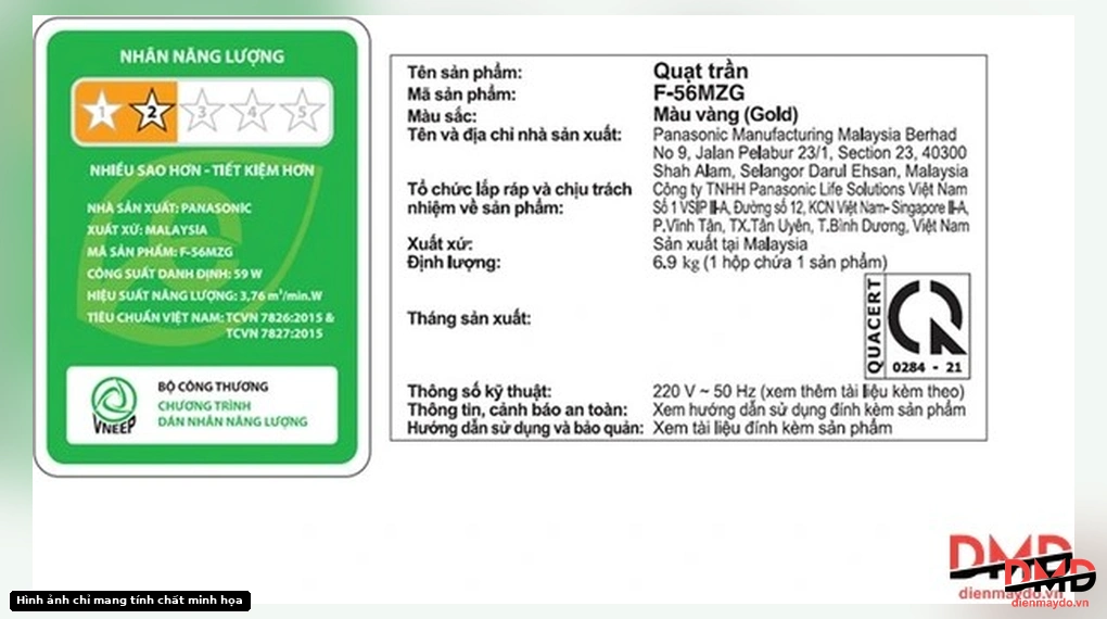 Quạt trần Panasonic 4 cánh F-56MZG-GO 59W energy and specification labels