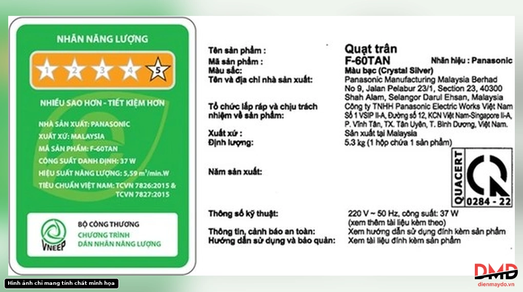 Energy and specification labels for Quạt trần Panasonic 5 cánh F-60TAN 37W