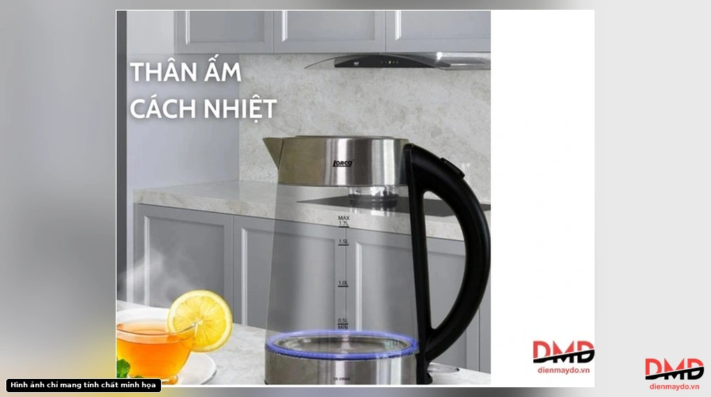Ấm siêu tốc Lorca TA 3006A in kitchen showing blue LED and heat insulation