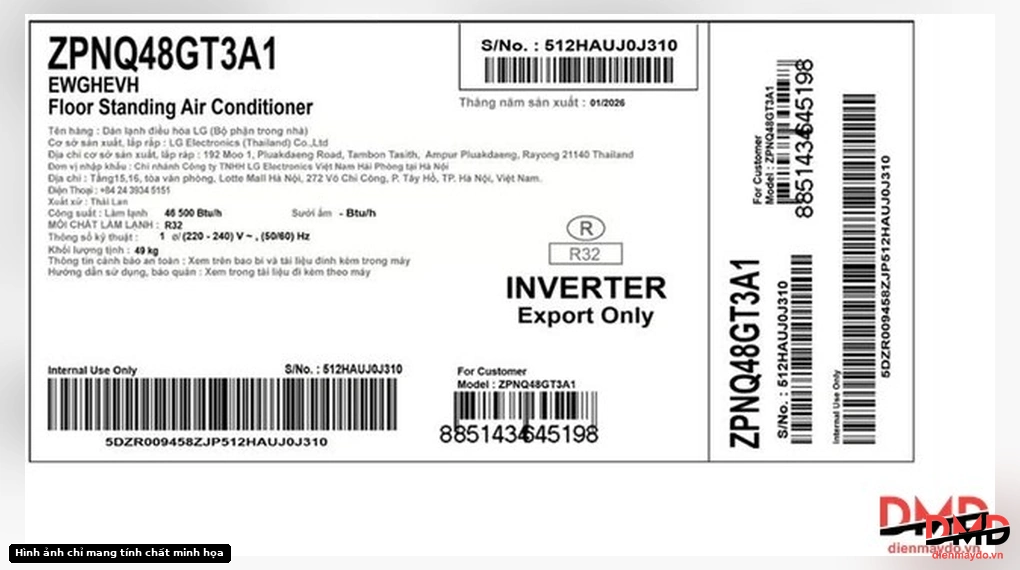 Tem thông số kỹ thuật Điều hòa LG Inverter 5 HP ZPNQ48GT3A1