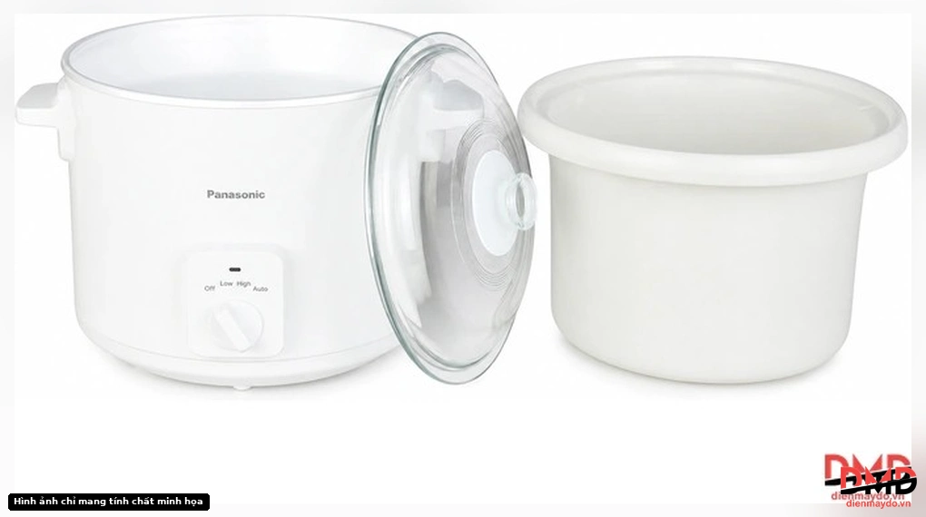 Nồi nấu chậm Panasonic NF-N51AWRA disassembled showing the main body, glass lid, and inner ceramic pot
