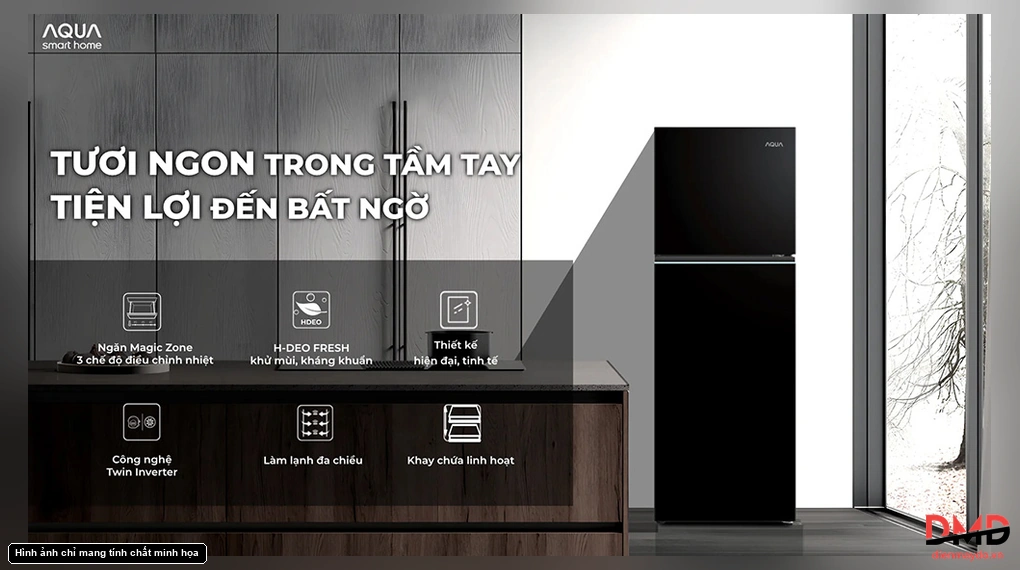 Tủ lạnh Aqua màu đen và hình giới thiệu các tiện ích bảo quản