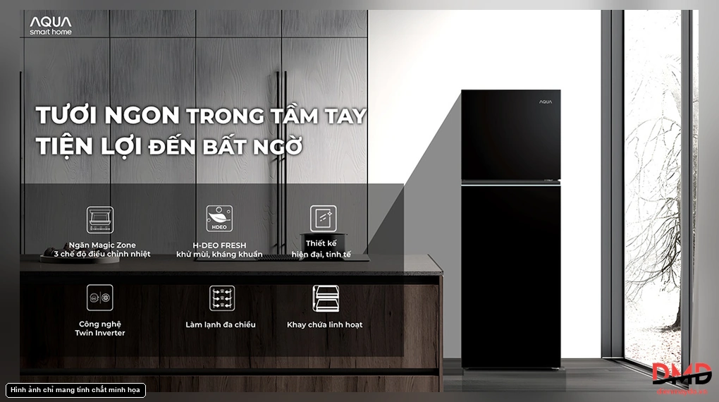 Thiết kế tủ lạnh Aqua hai cánh trong không gian bếp