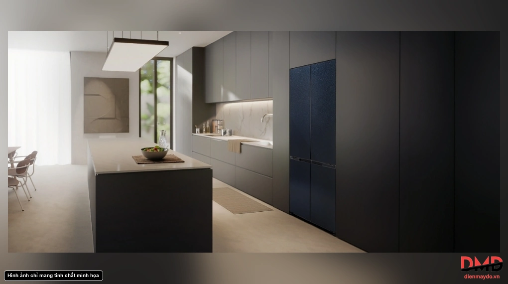 Không gian bố trí tủ lạnh nhiều cửa cạnh tủ bếp và đảo bếp