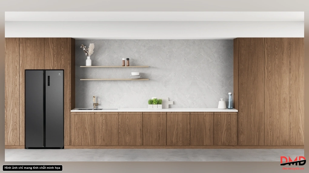 Tủ lạnh Side by Side bố trí trong hệ tủ bếp gỗ