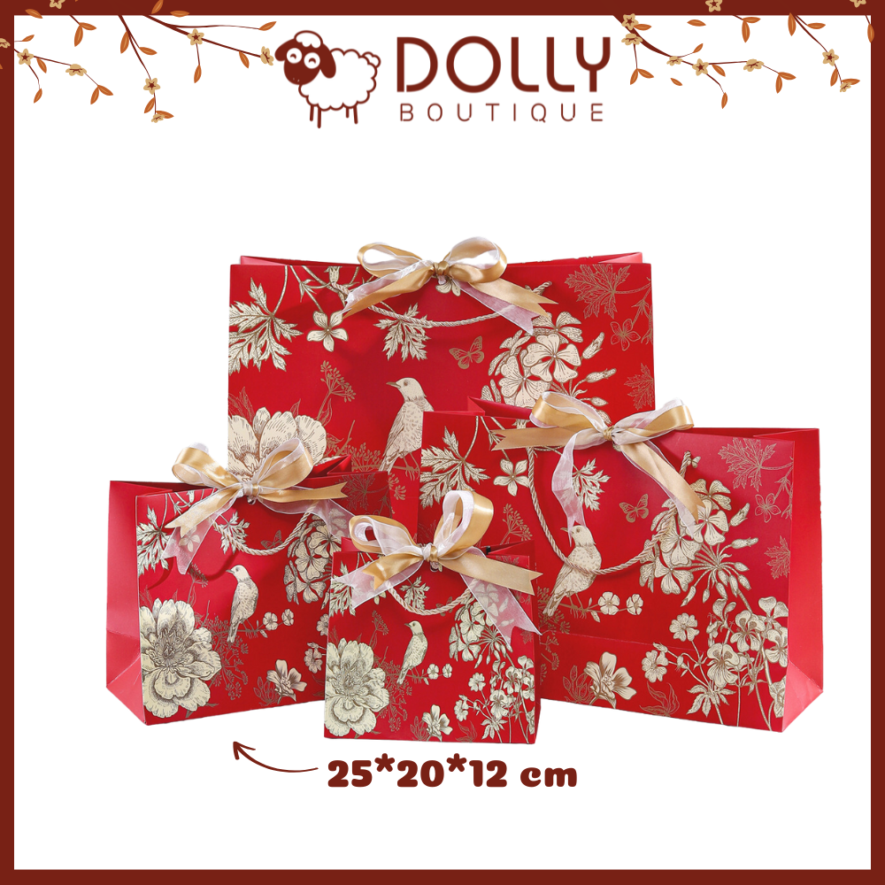 Túi Giấy Quà Tặng Đỏ Hoa Văn Vàng Tết 2025 25*20*12CM