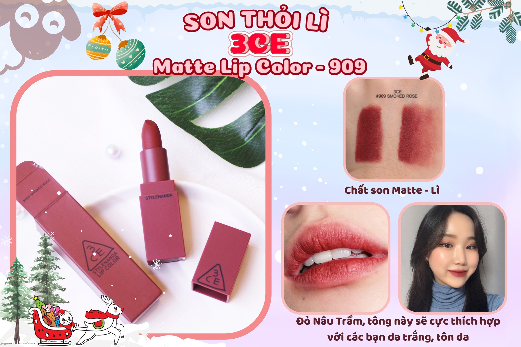 Son Thỏi Lì 3Ce Mood Recipe Matte Lip Color #909 Smoked Rose (Màu Đỏ Gạch)