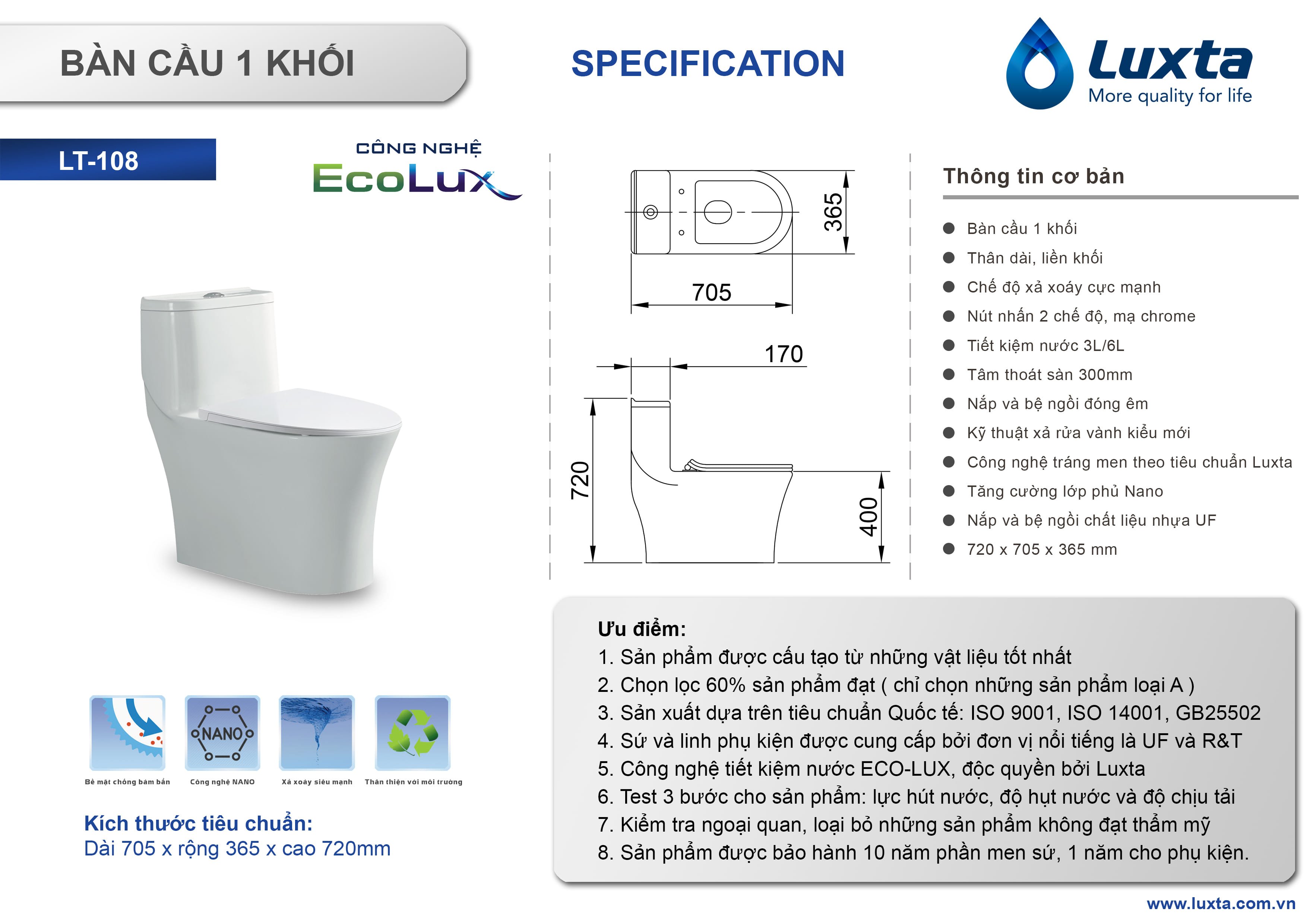 Bồn cầu 1 khối Luxta LT108 với thiết kế sang trọng cùng nhiều ưu điểm 