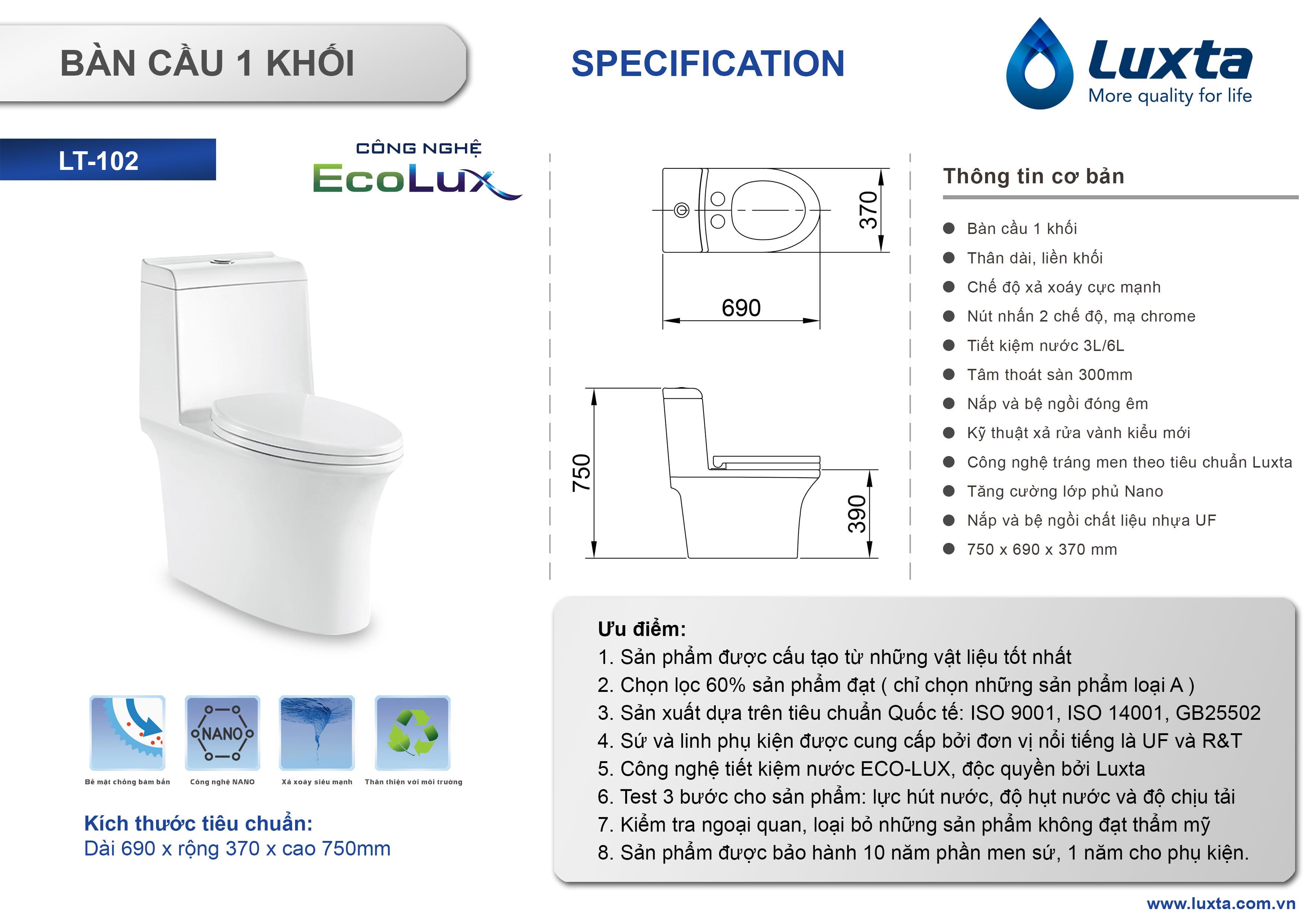 Bàn cầu 1 khối Luxta LT102 với chế độ xả xoáy cực mạnh, vệ sinh tuyệt đối