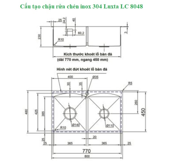 Cùng nhau xem qua cấu tạo Chậu inox Luxta LC8048-3.0