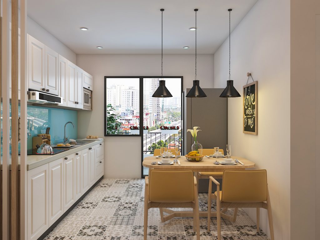 Tận dụng tủ kệ âm tường trong thiết kế nhà bếp ở chung cư giúp tiết kiệm diện tích tối đa