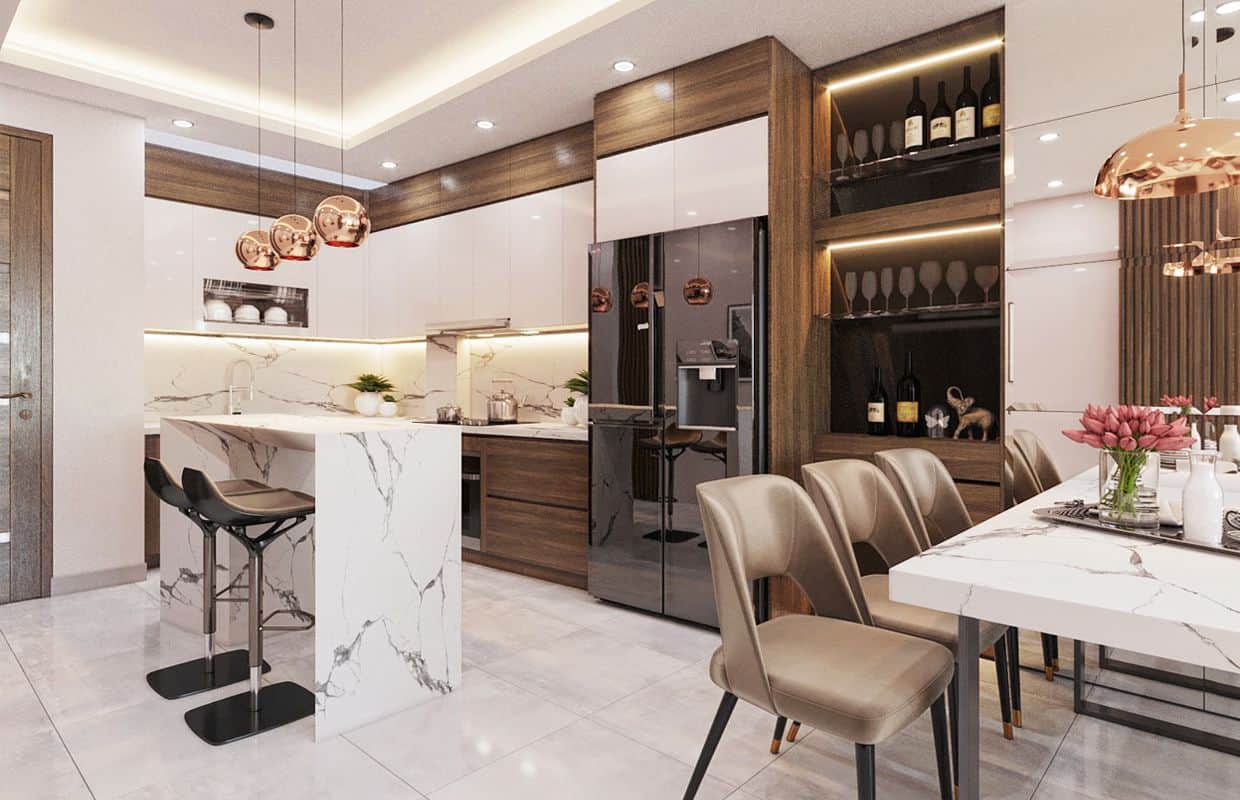 Nhờ diện tích rộng rãi nên thiết kế nhà bếp có khu vực đảo bếp hay quầy bar sẽ giúp không gian trông sang trọng 