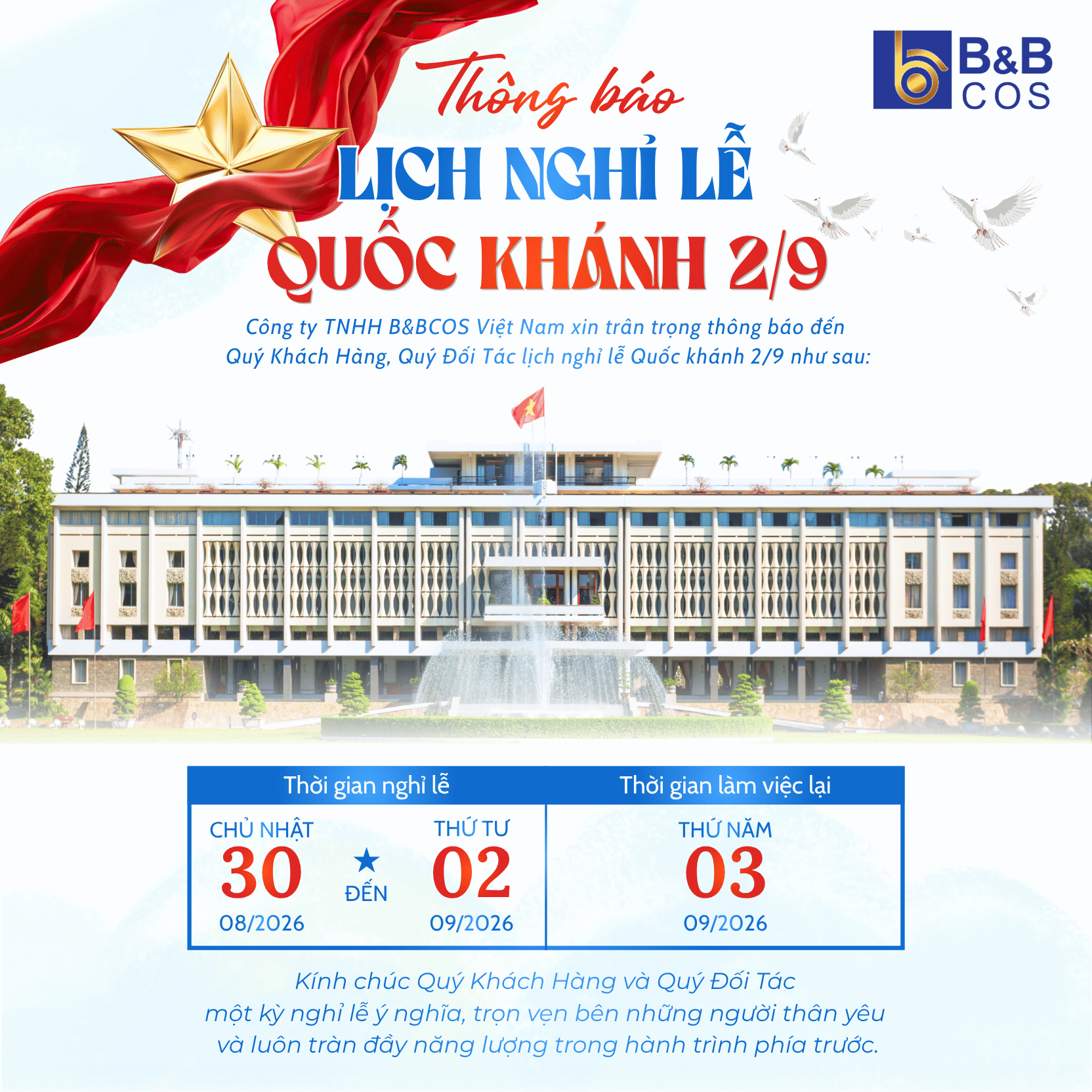 THÔNG BÁO LỊCH NGHỈ LỄ QUỐC KHÁNH 2/9