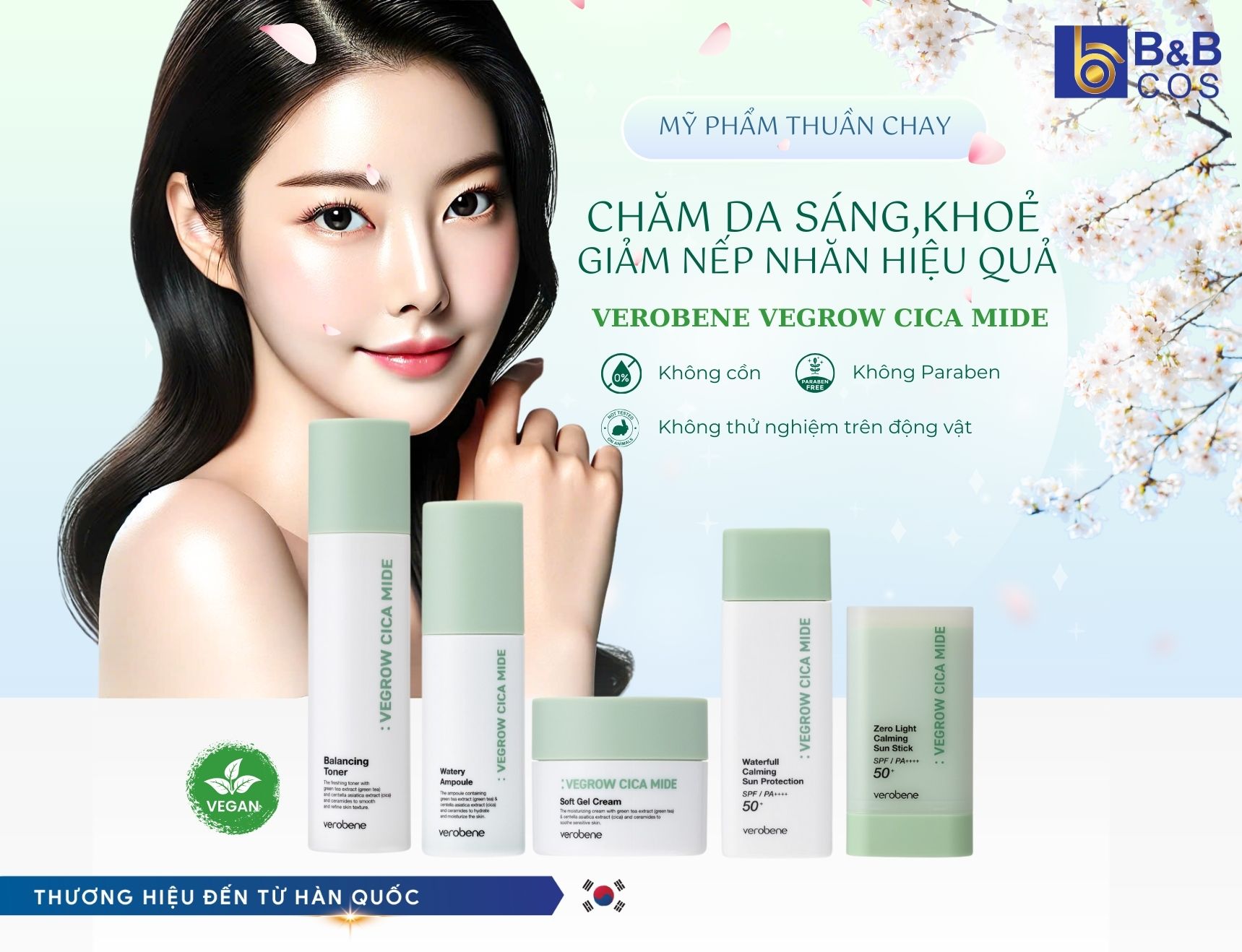 Chăm sóc da toàn diện cùng bộ sản phẩm thuần chay Verobene Vegrow Cica Mide