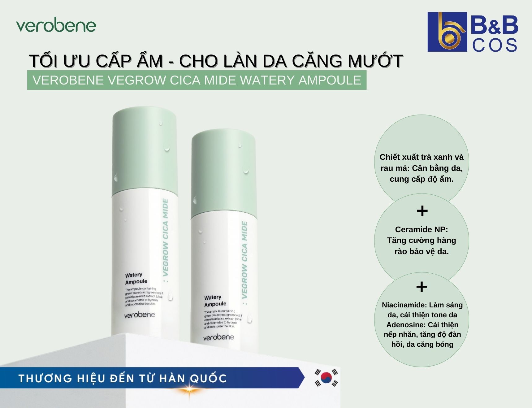 Verobene Vegrow Cica Mide Watery Ampoule – Tinh Chất Cấp Ẩm Chuyên Sâu, Dưỡng Da Căng Mướt