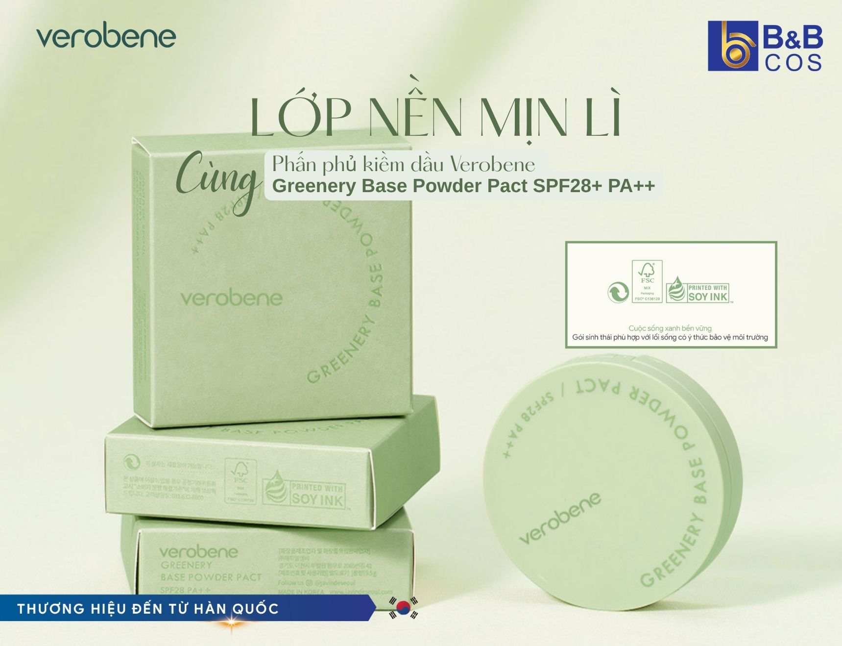 LỚP NỀN MỊN LÌ CÙNG PHẤN PHỦ KIỀM DẦU VEROBENE GREENERY BASE POWDER PACT SPF28 PA++