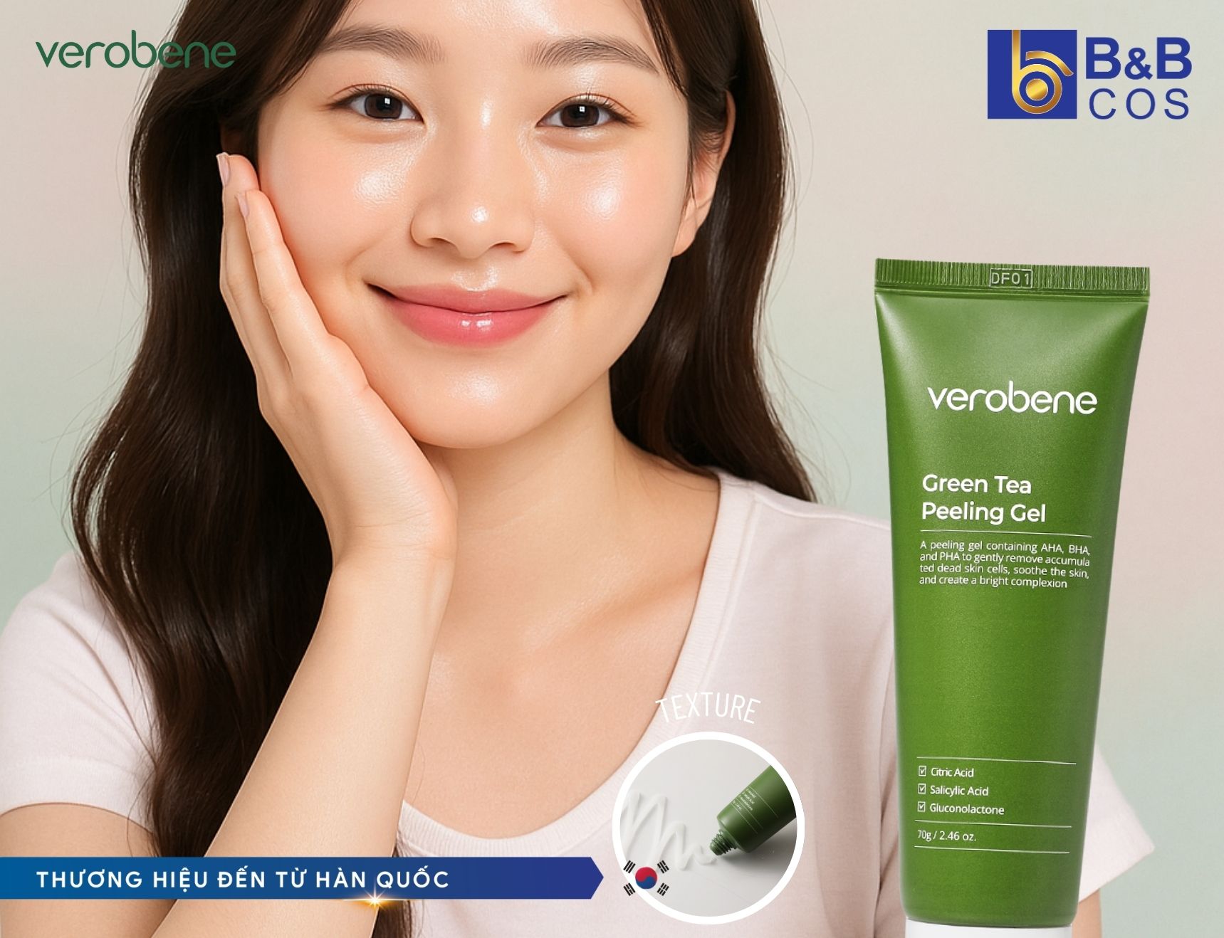 VEROBENE GREEN TEA PEELING GEL Tẩy da chết dịu nhẹ – Đánh thức làn da mịn màng chuẩn Hàn