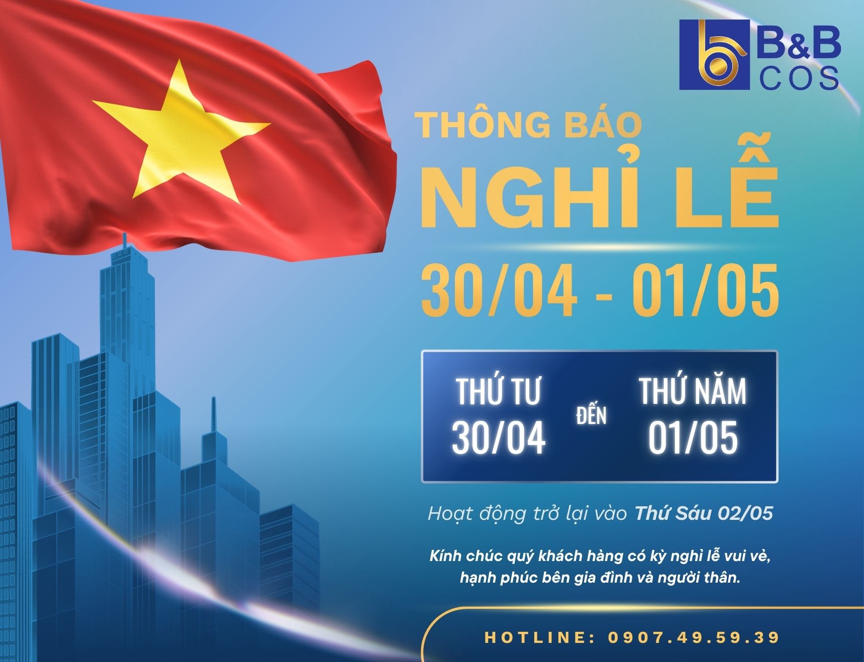 THÔNG BÁO NGHỈ LỄ 30/04 & 01/05