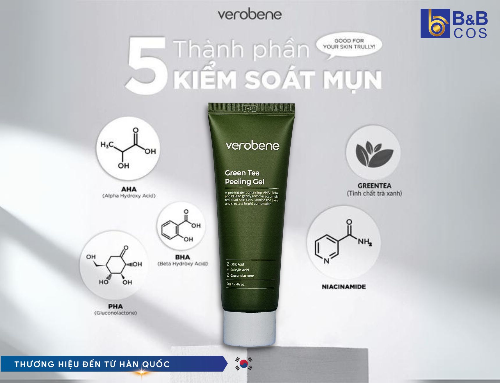 5 Thành Phần Kiểm Soát Mụn Trong Gel Tẩy Tế Bào Chết Trà Xanh Verobene