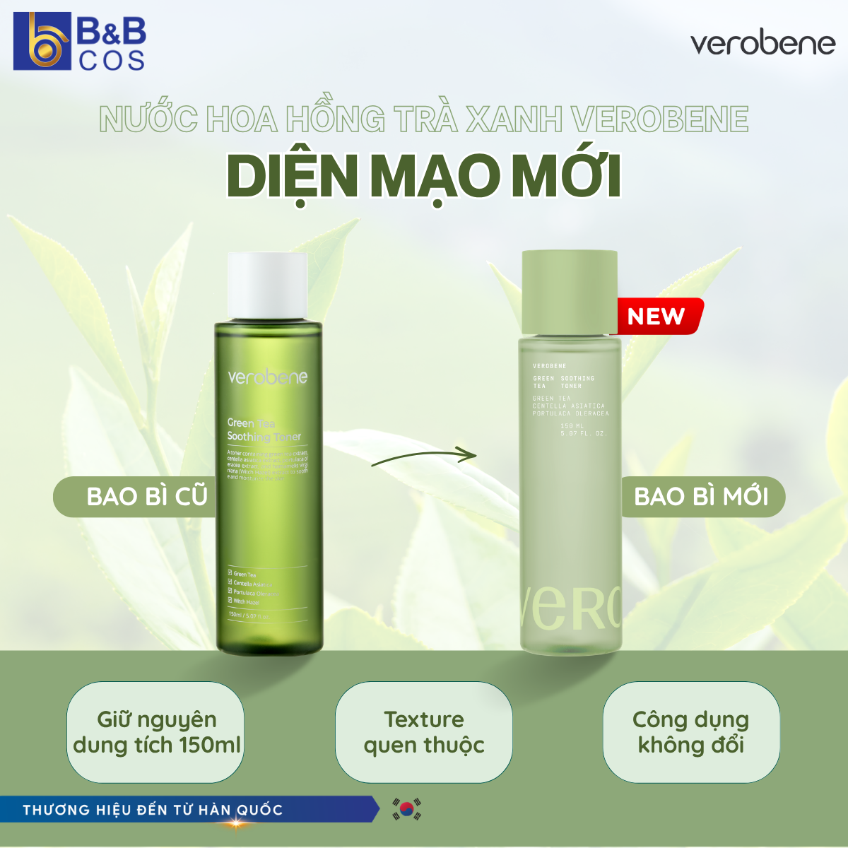 [MẪU MỚI 2026] NƯỚC HOA HỒNG TRÀ XANH VEROBENE CÂN BẰNG ĐỘ ẨM PHÙ HỢP DA DẦU MỤN HÀN QUỐC 150ML