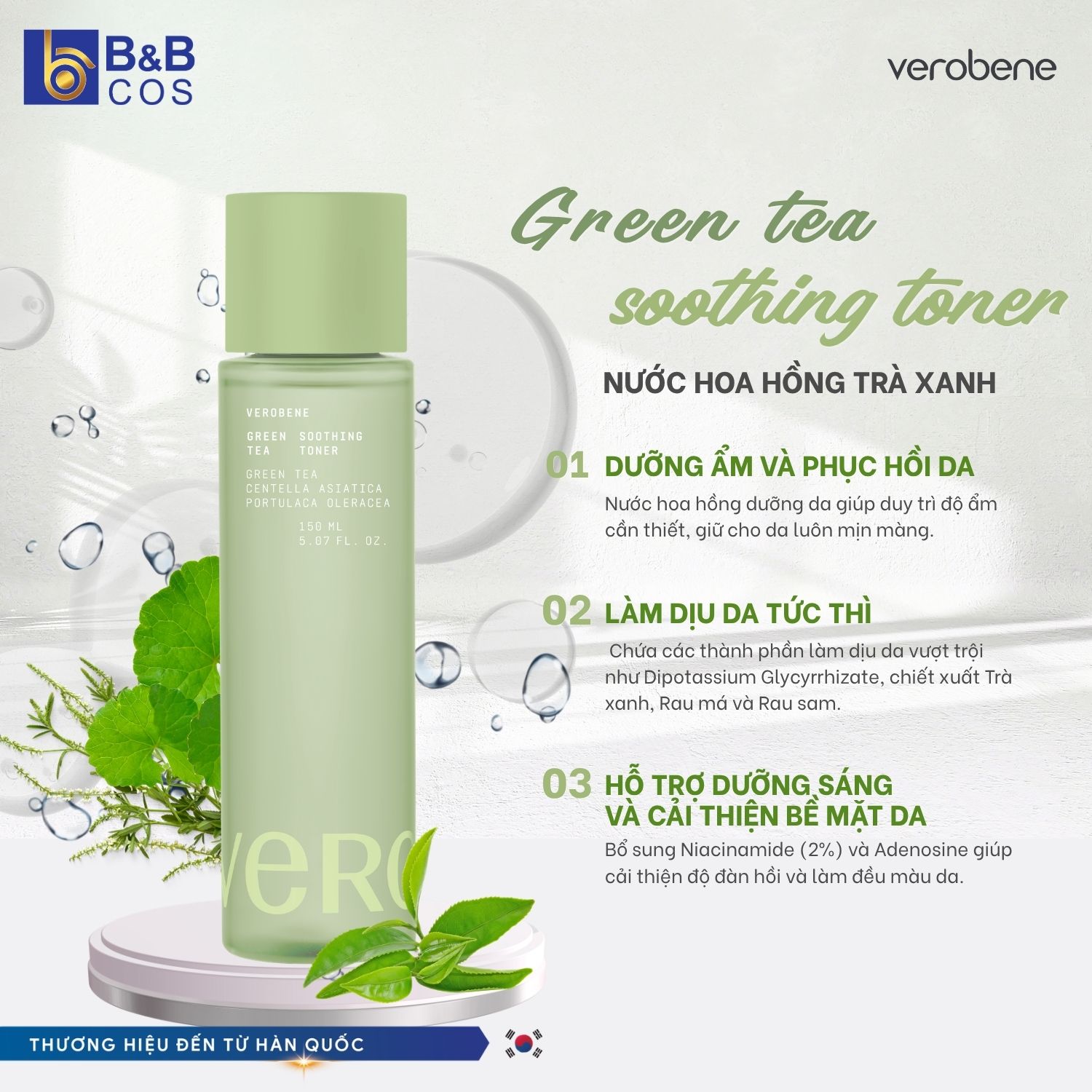 [MẪU MỚI 2026] NƯỚC HOA HỒNG TRÀ XANH VEROBENE CÂN BẰNG ĐỘ ẨM PHÙ HỢP DA DẦU MỤN HÀN QUỐC 150ML