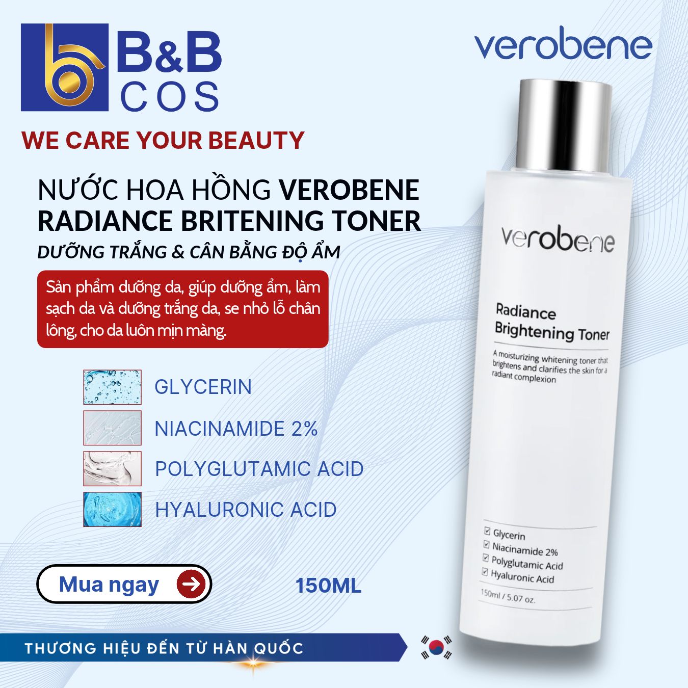 TONER DƯỠNG TRẮNG, ỨC CHẾ SẮC TỐ NÁM VEROBENE RADIANCE BRIGHT TONER 150ML