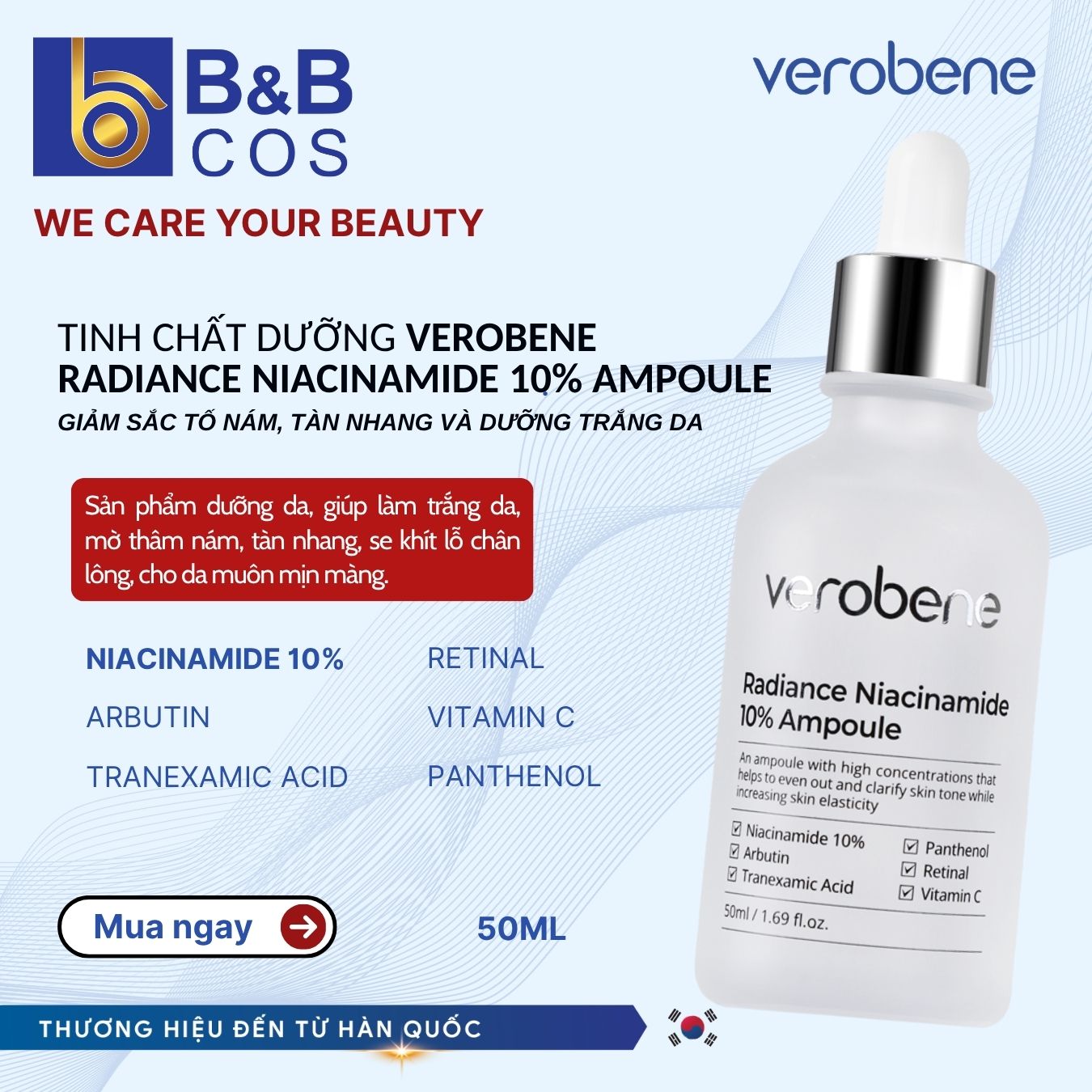 AMPOULE DƯỠNG TRẮNG, ỨC CHẾ SẮC TỐ NÁM VEROBENE RADIANCE NIACINAMIDE 10% AMPOULE 50ml