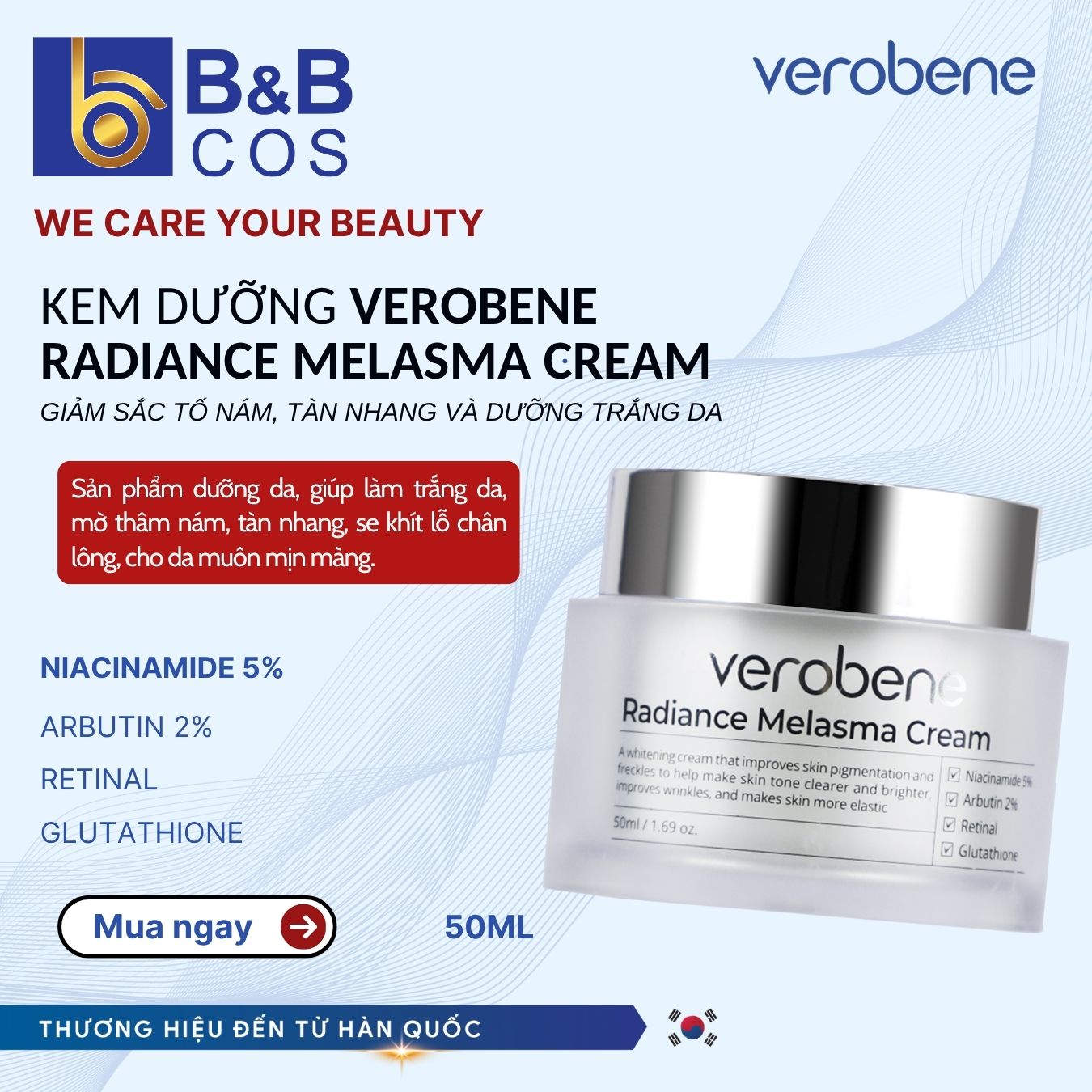 Kem dưỡng trắng, ức chế sắc tố nám Verobene Radiance Melasma Cream 50g