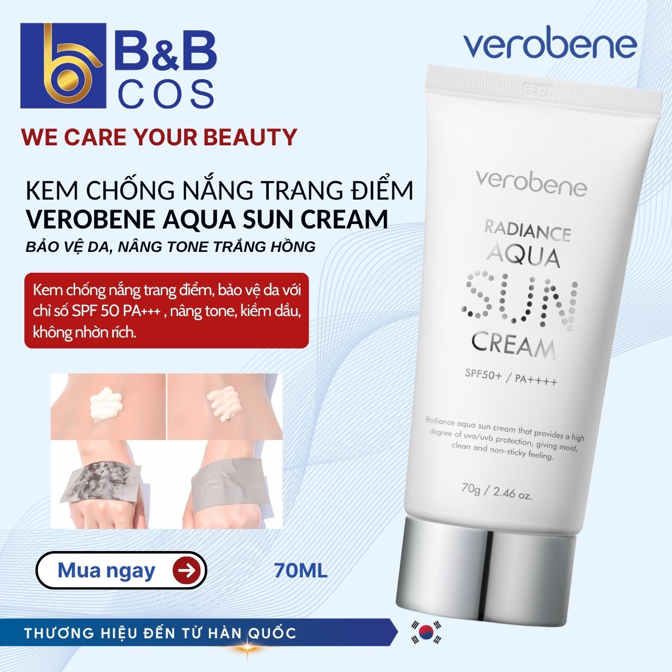 KEM CHỐNG NẮNG TRANG ĐIỂM VEROBENE RADIANCE AQUA SUN CREAM 70G
