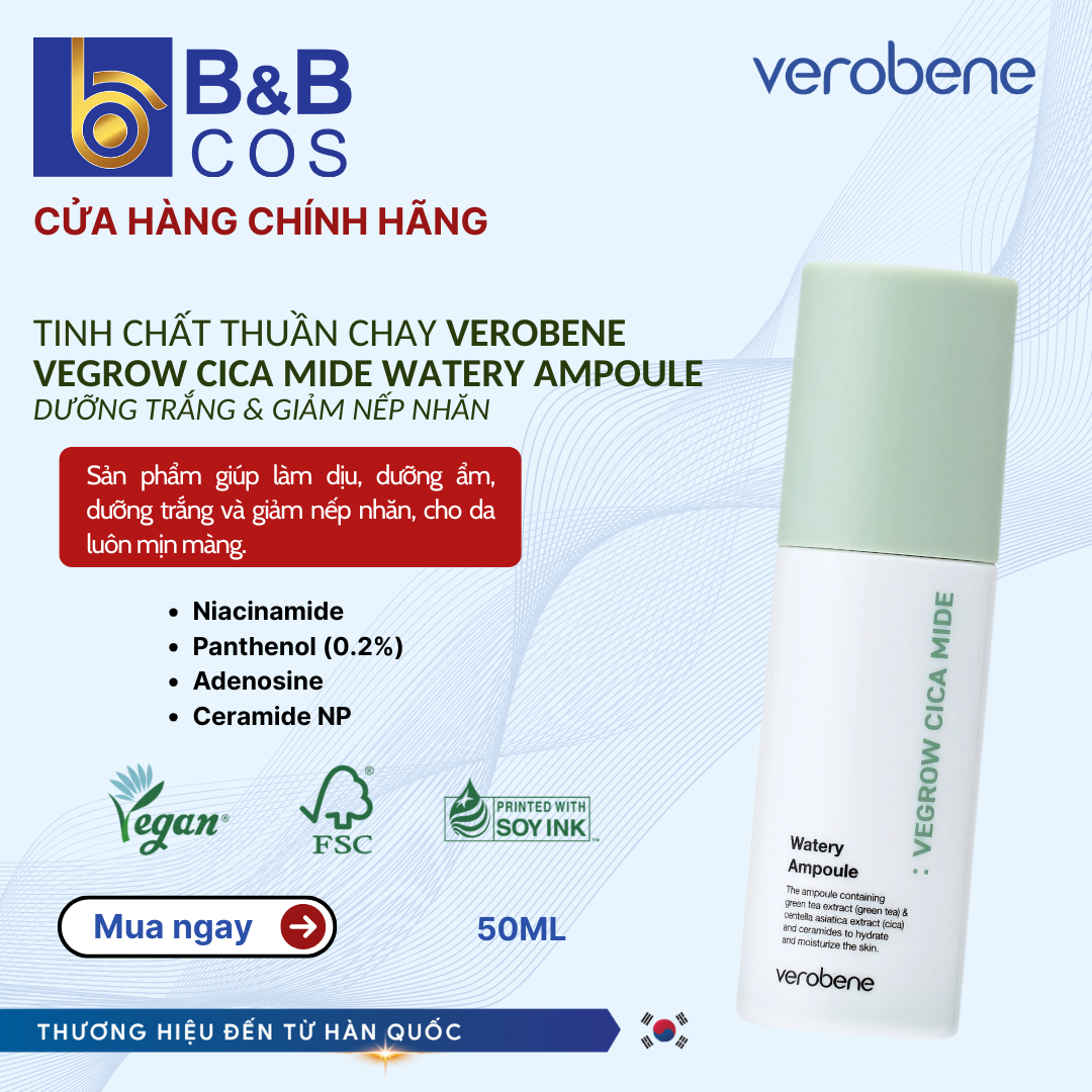 TINH CHẤT DƯỠNG ẨM THUẦN CHAY VEROBENE WATERY AMPOULE 50ml DƯỠNG TRẮNG CẢI THIỆN NẾP NHĂN