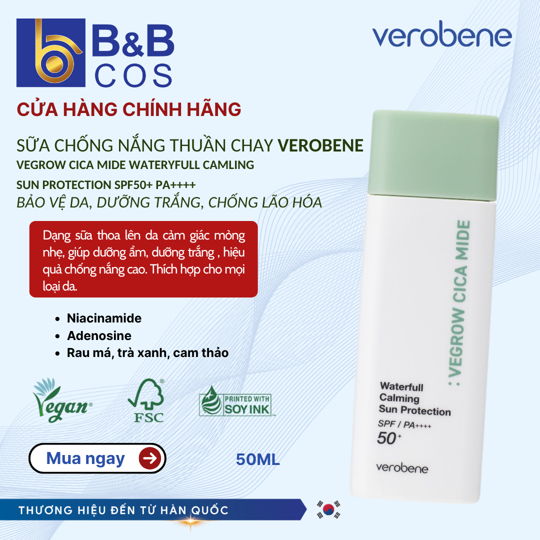 KEM CHỐNG NẮNG THUẦN CHAY VEROBENE SPF 50 PA++++  WATERFULL CALMING SUN  PROTECTION –