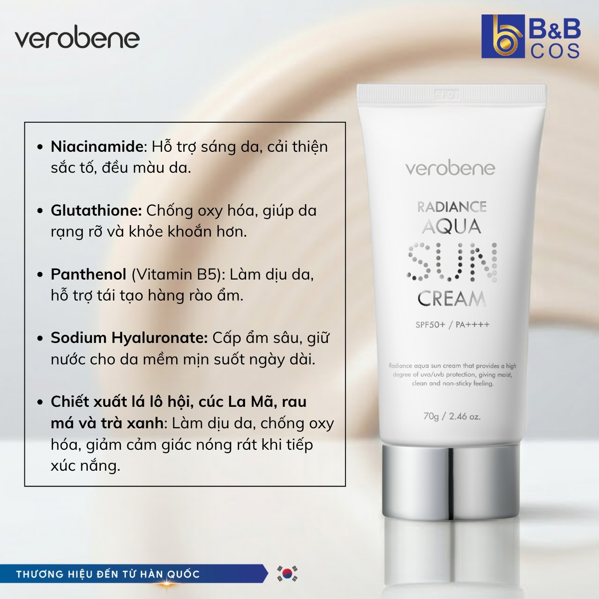 KEM CHỐNG NẮNG TRANG ĐIỂM VEROBENE RADIANCE AQUA SUN CREAM 70G