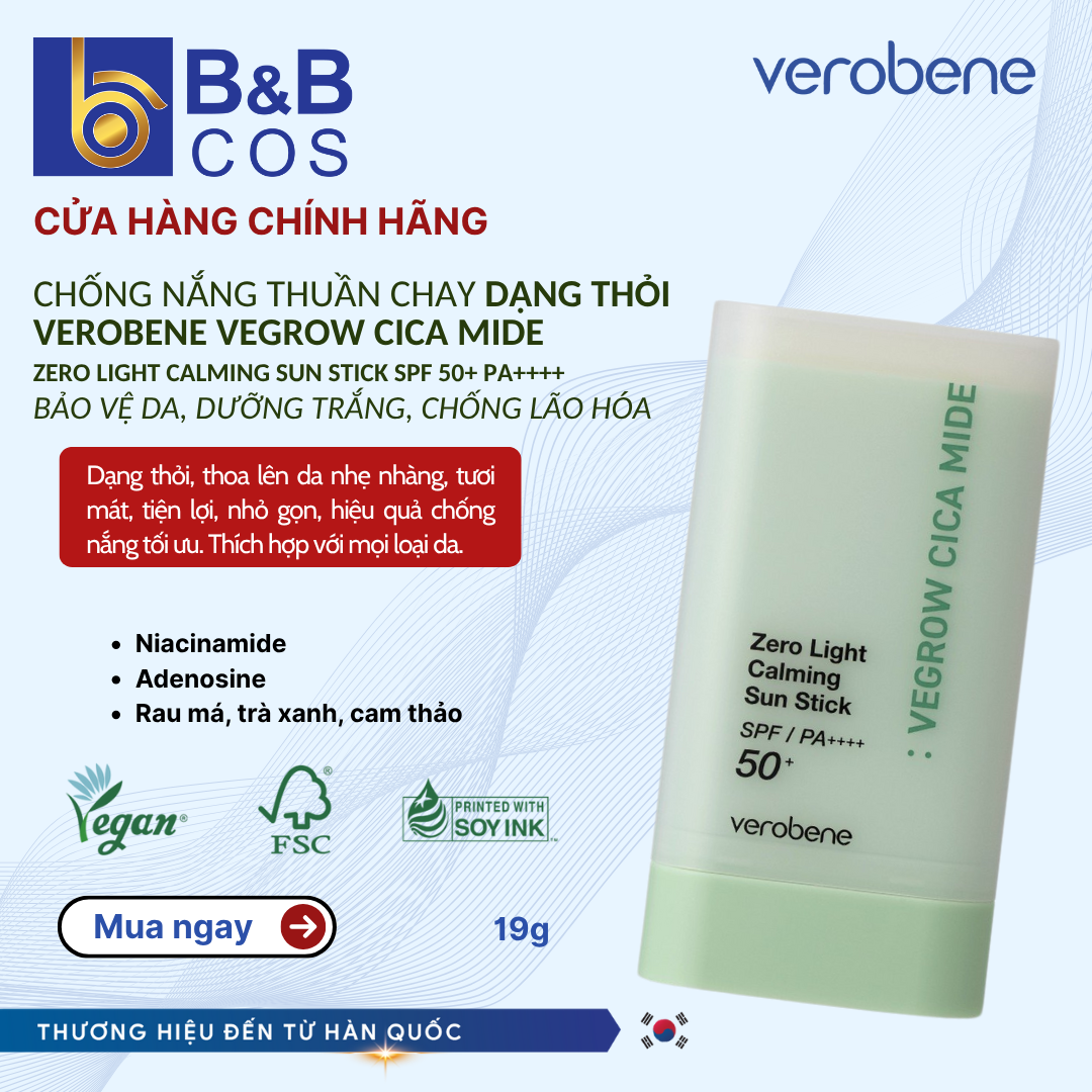 CHỐNG NẮNG DẠNG THỎI THUẦN CHAY VEROBENE - VEROBENE ZERO LIGHT CALMING SUN STICK  19G