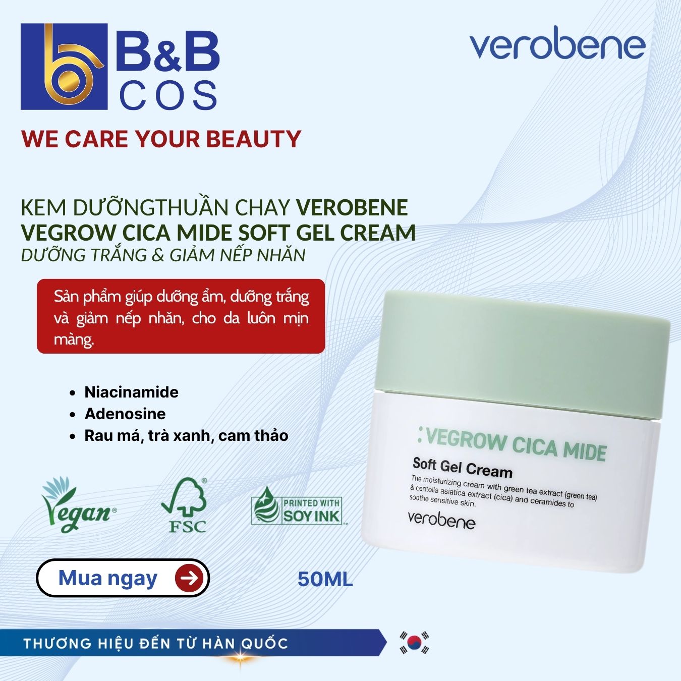 KEM DƯỠNG ẨM THUẦN CHAY VEROBENE SOFT GEL CREAM 50ml DƯỠNG TRẮNG CẢI THIỆN NẾP NHĂN